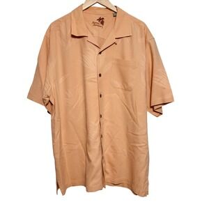 Tommy Bahama Mens Silk Shirt XL Camp Palm Tree Print‎ Peach Short Sleeve